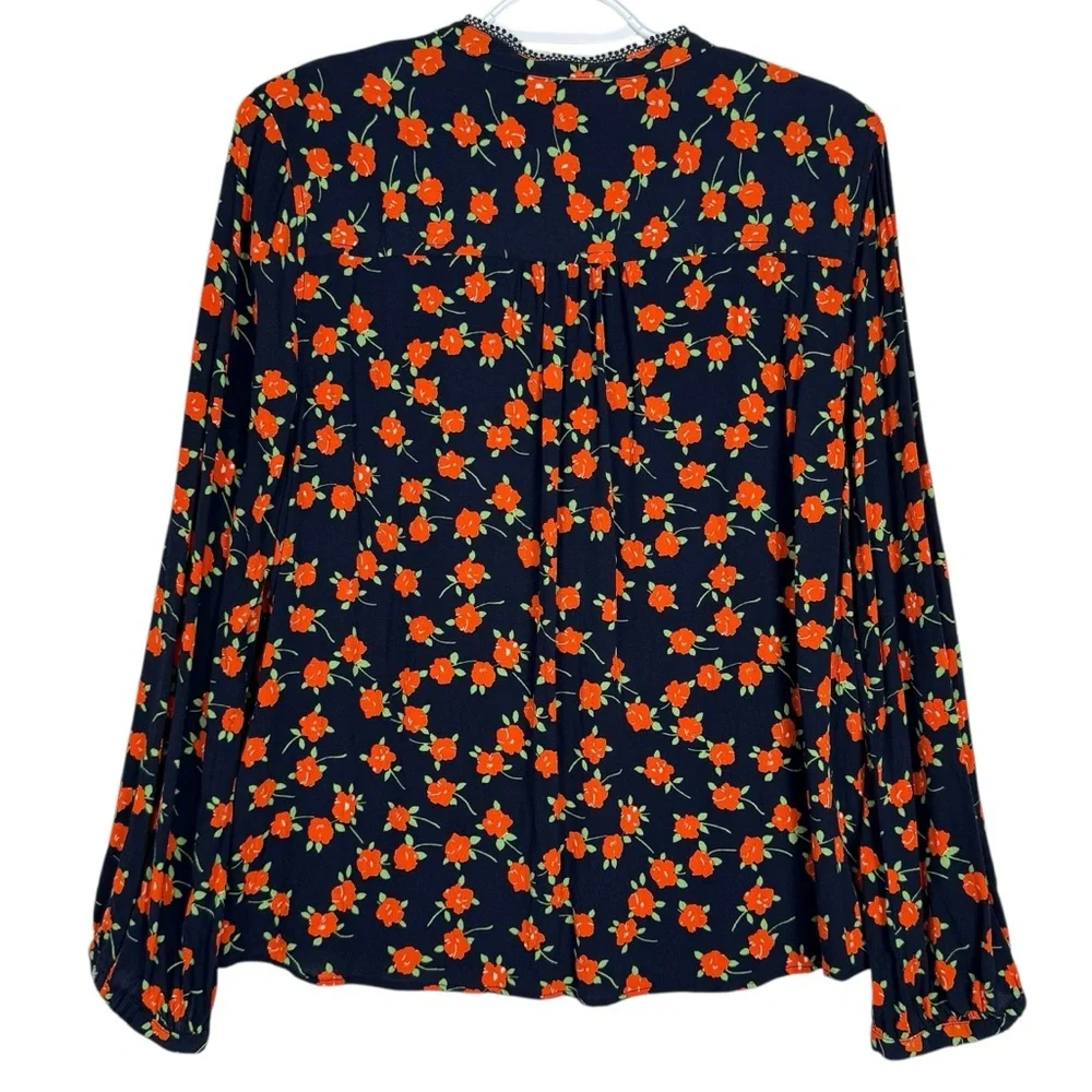 J.Crew Re-Imagined Navy Floral Viscose Blouse Long Sleeve Boho Top Size L
